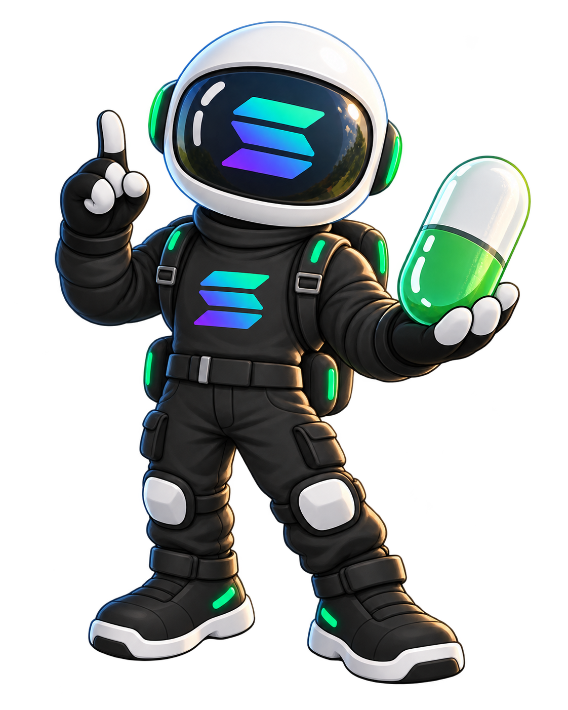 Astronaut presenting a green capsule